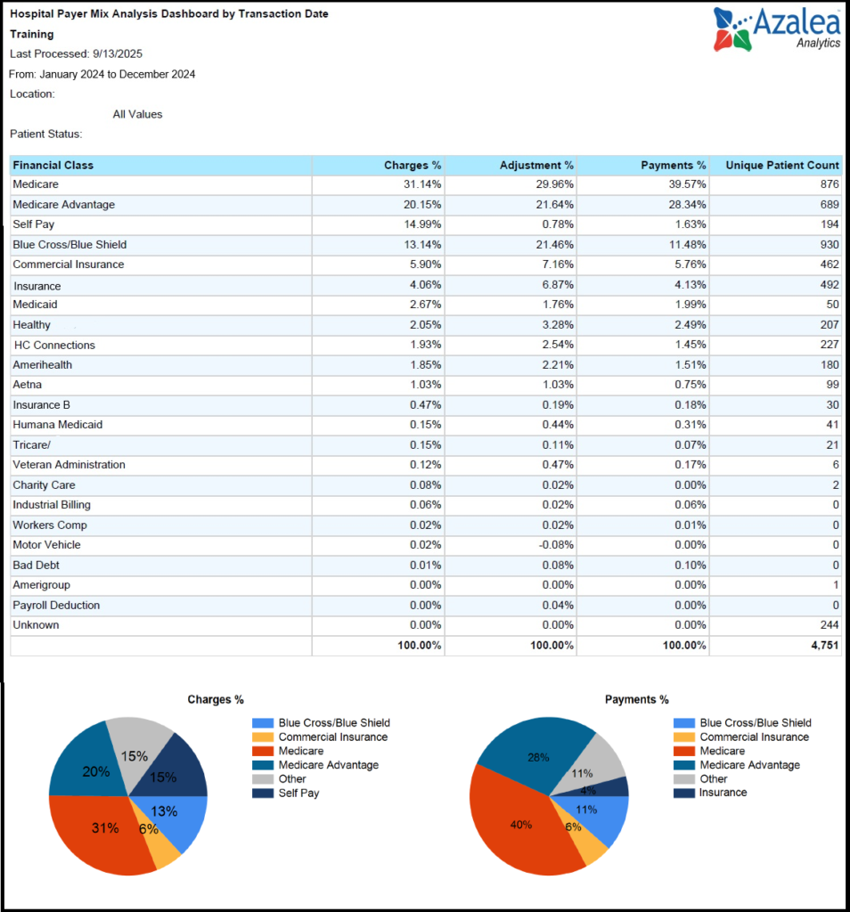 Azalea Analytics Payer Mix Screen Capture Image