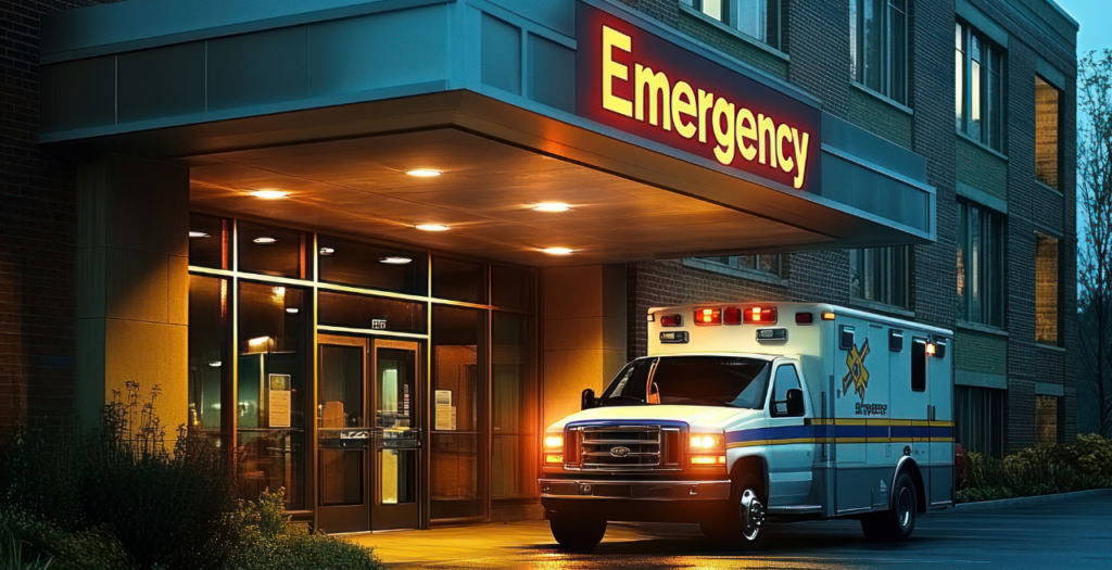 Ambulance in front of rural emergency hospital model