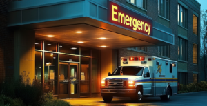 Ambulance in front of rural emergency hospital model