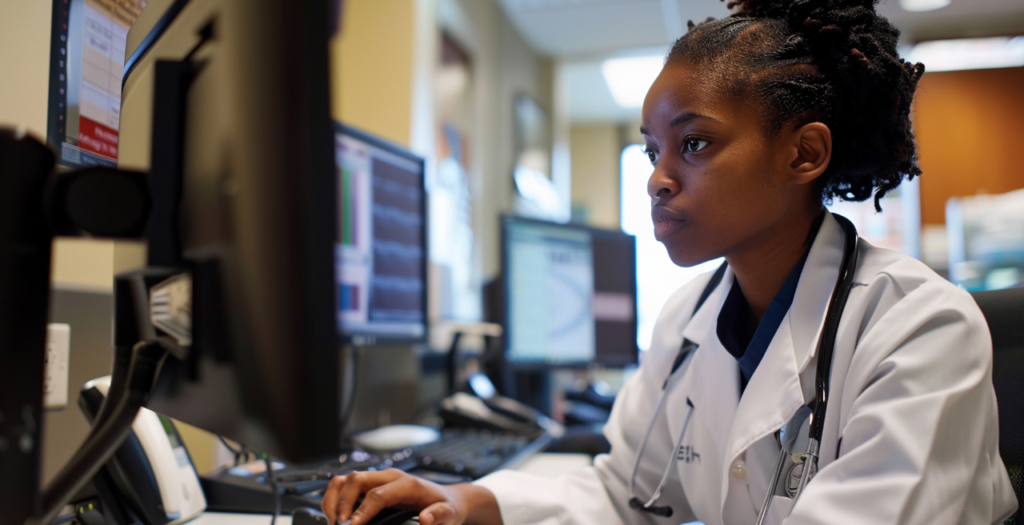 Woman training during her facilities' EHR implementation