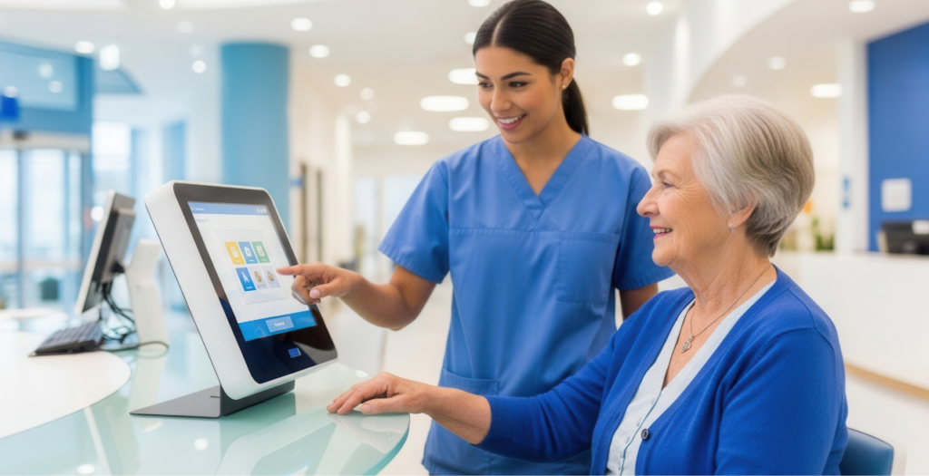 Woman in scrubs helping older patient with healthcare workflow automation for patient check-in in a computer.